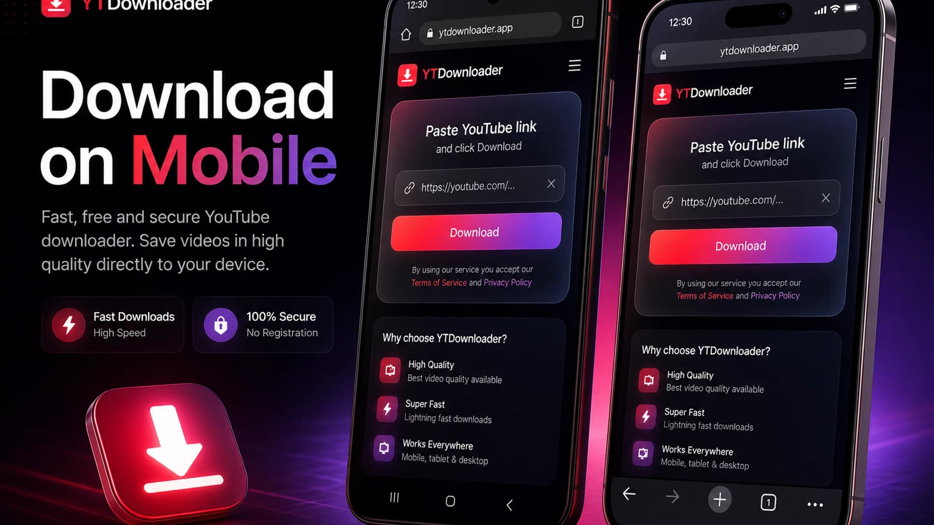 Download on Mobile Smartphone mockups using YTDownloader in the mobile browser on Android and iOS