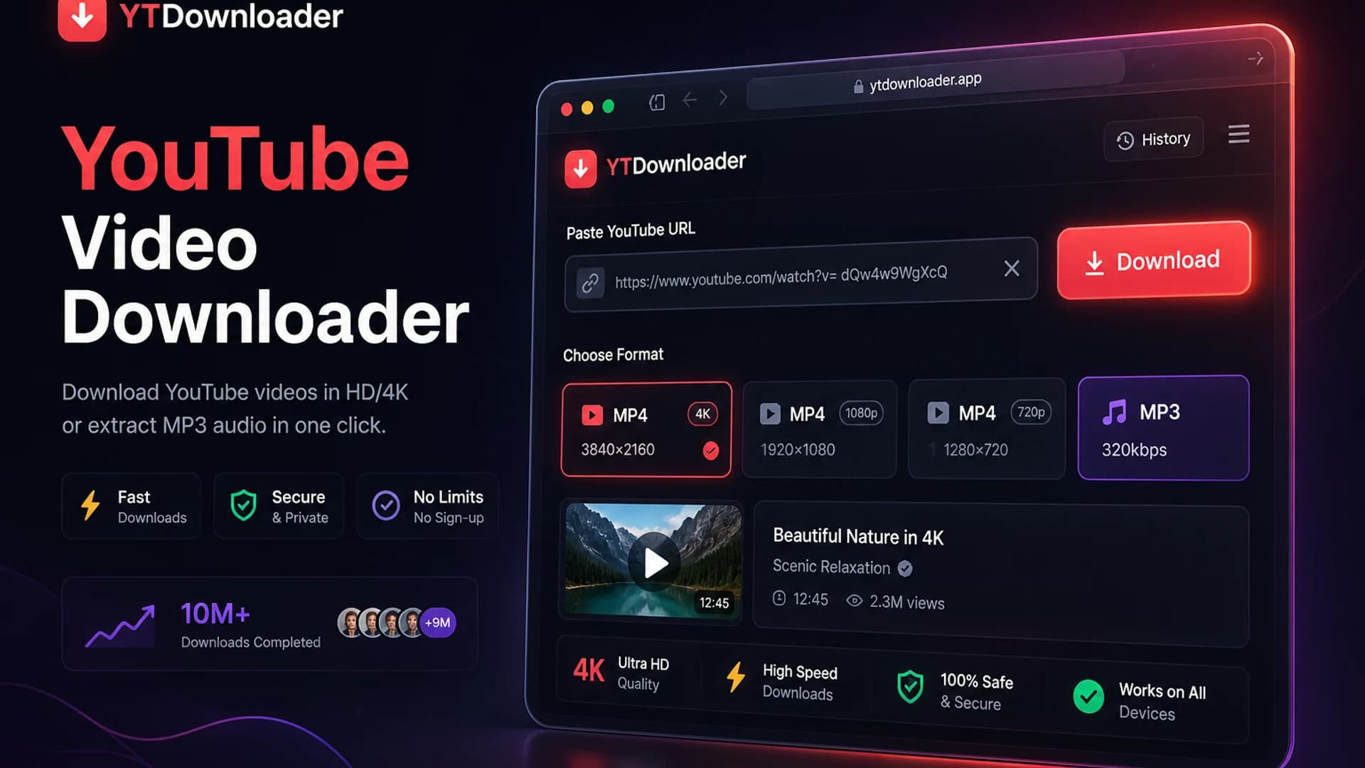 YouTube Video Downloader YTDownloader SaaS dashboard mockup: YouTube Video Downloader with paste URL bar and MP4 MP3 quality options