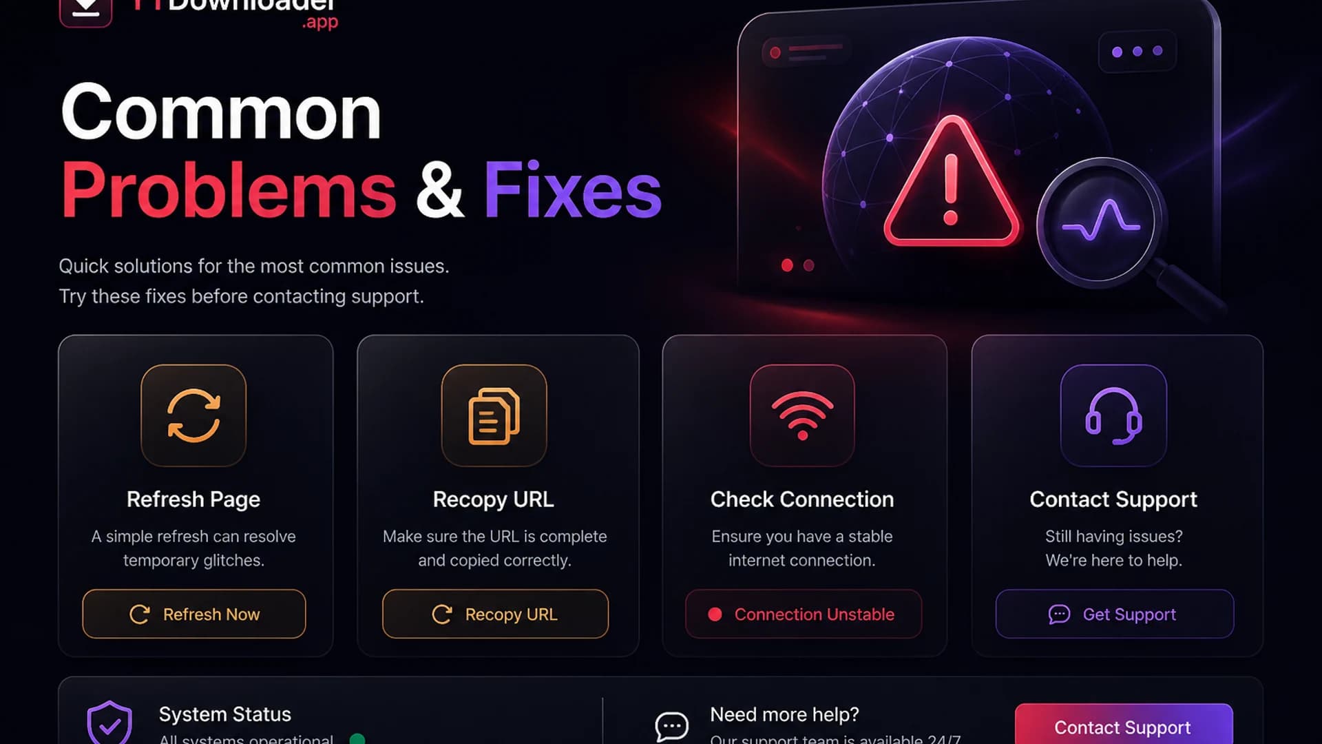 Common Problems & Fixes YTDownloader troubleshooting dashboard with common download fixes